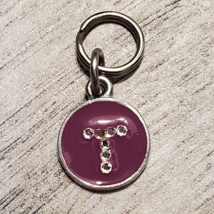Rhinestone T Initial Charm Pendant Silver Purple Enamel 3/4 Inch Jewelry